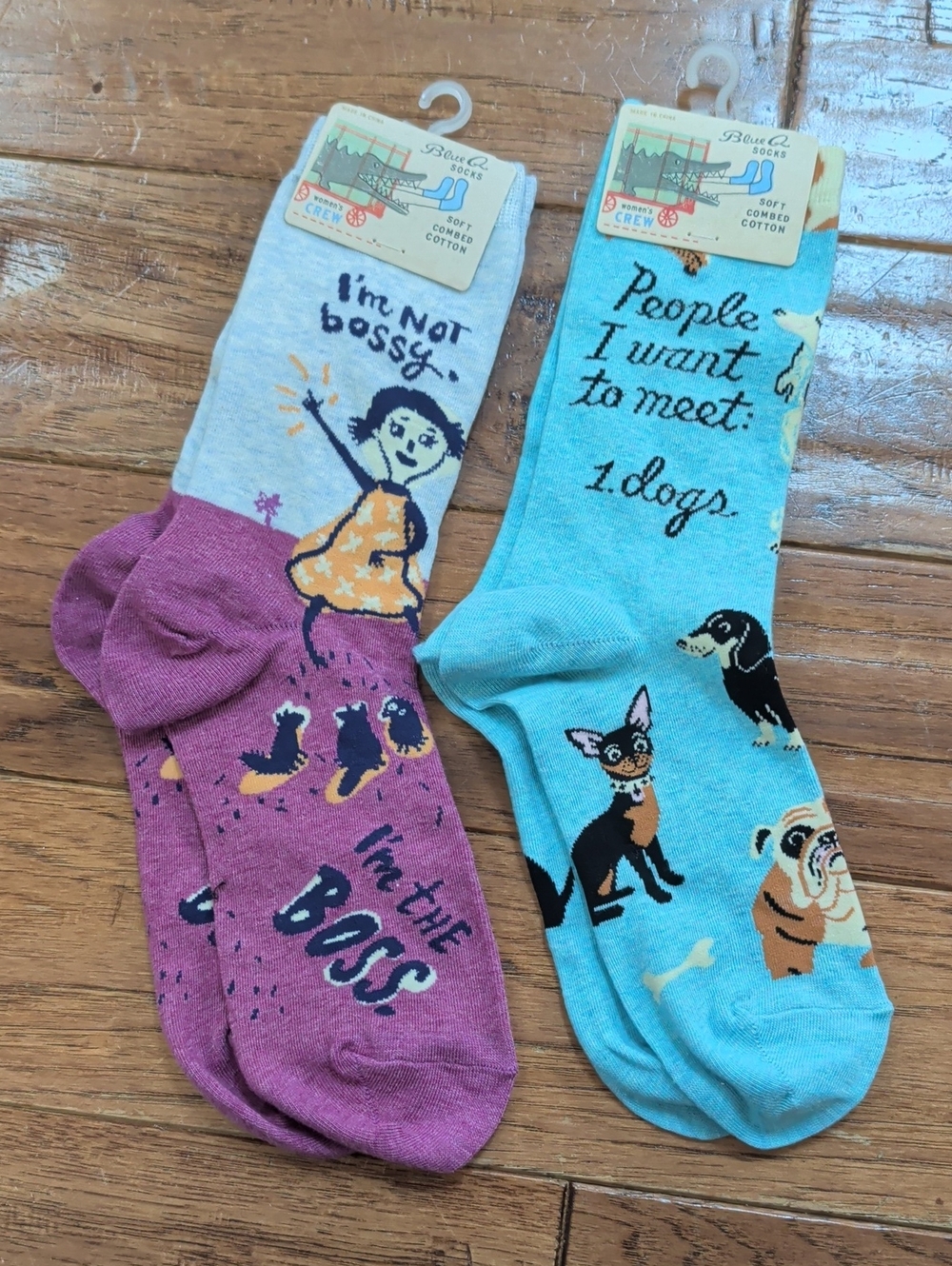 Blue Q Novelty Boss & Dog-Themed Crew Socks - Purple & Blue